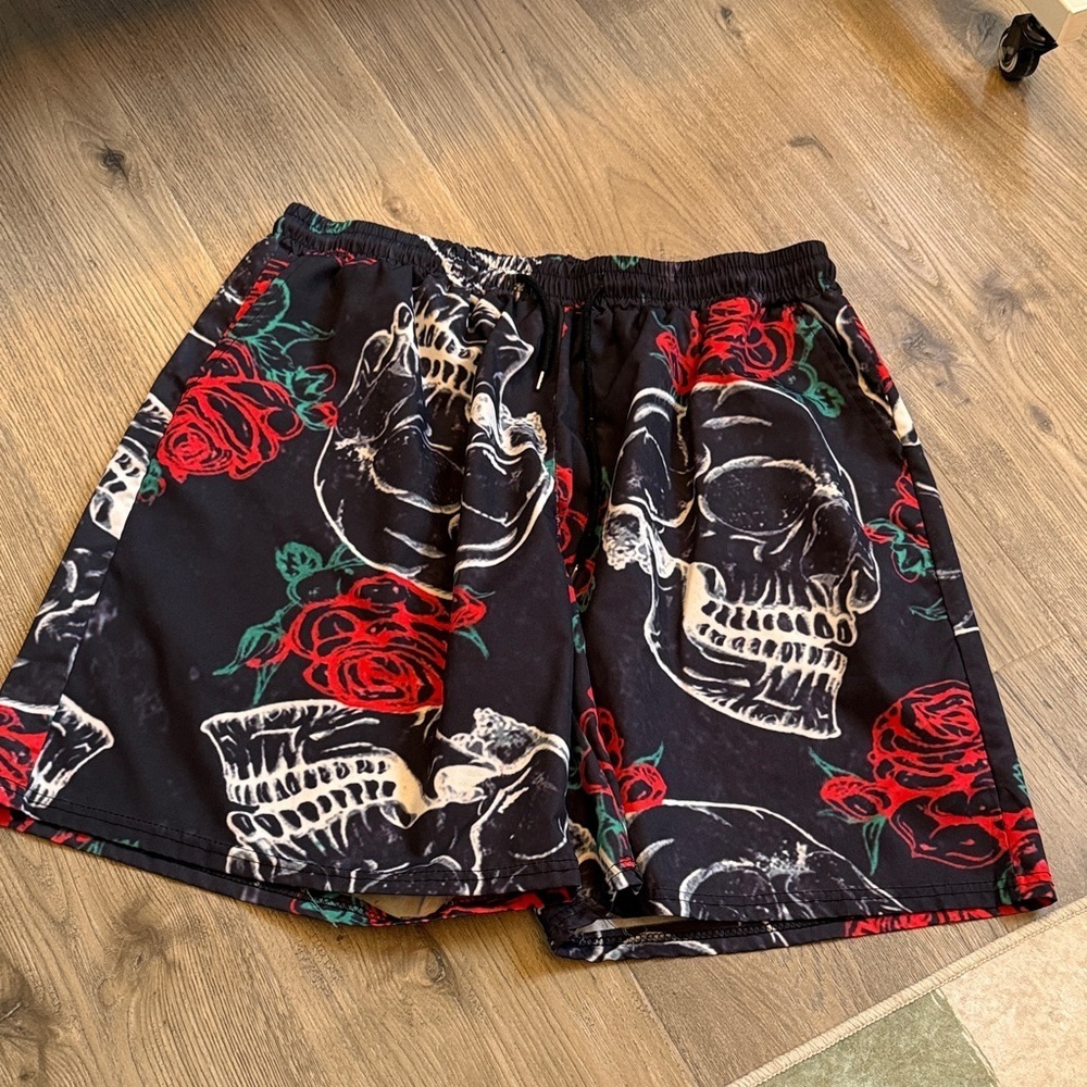 Skull and Rose Patterned Shorts